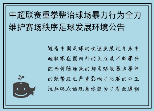 中超联赛重拳整治球场暴力行为全力维护赛场秩序足球发展环境公告